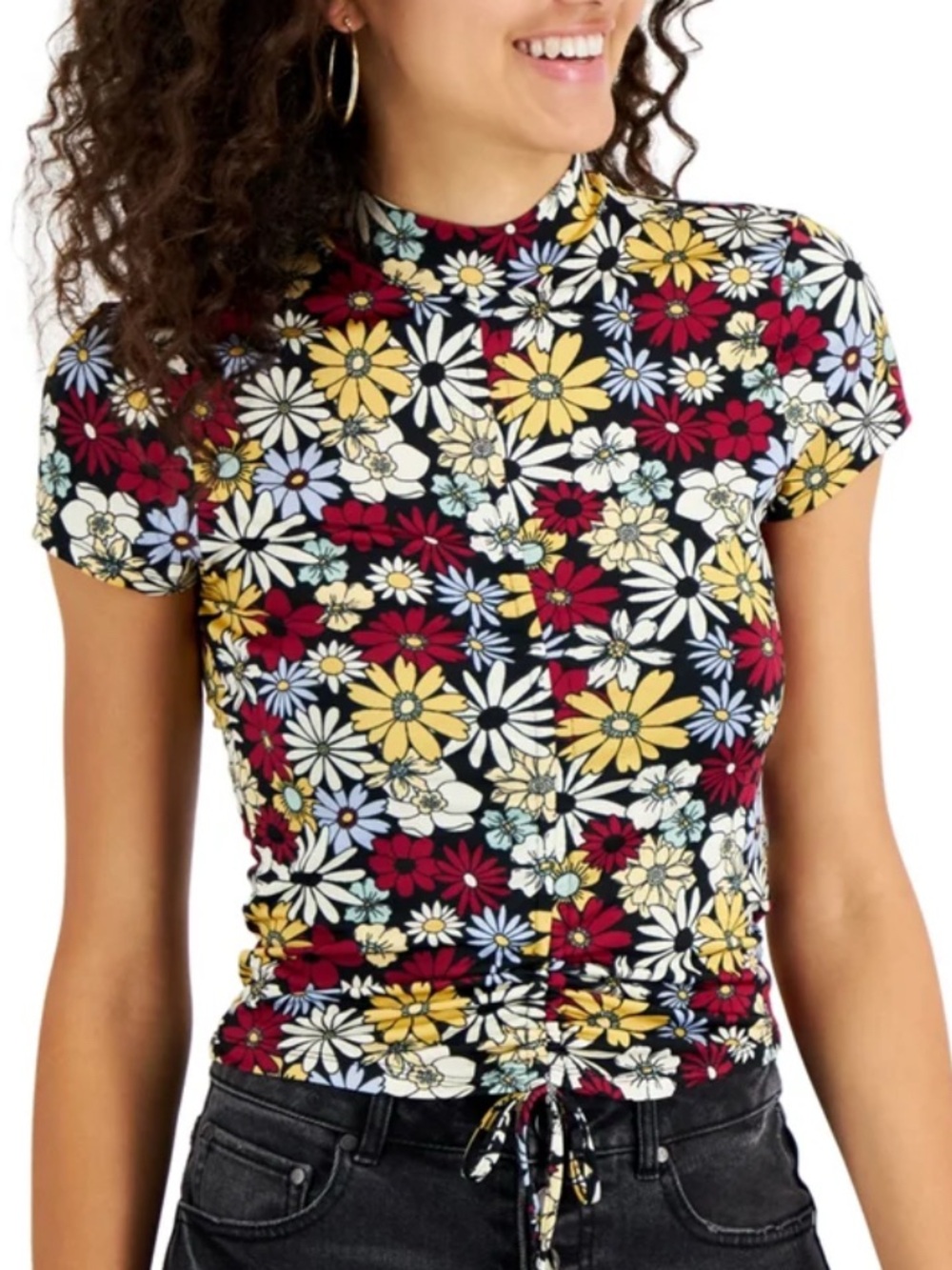 NWTs Almost Famous junior-size floral, mock w/cinched-front design top.